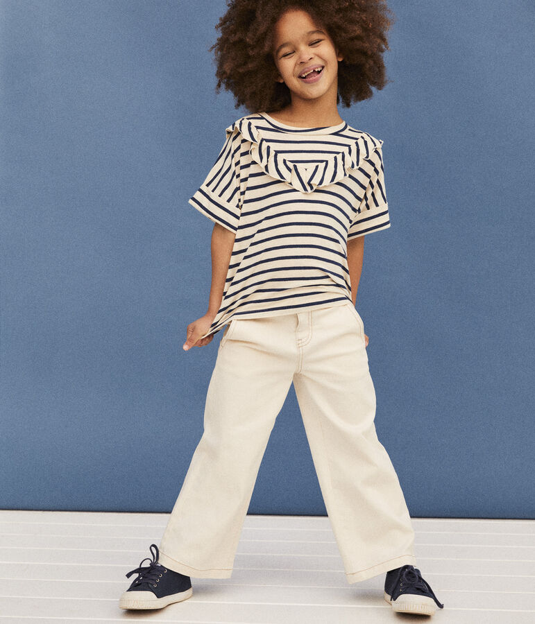 Girls' Short-Sleeved Cotton T-Shirt Ecru/blue