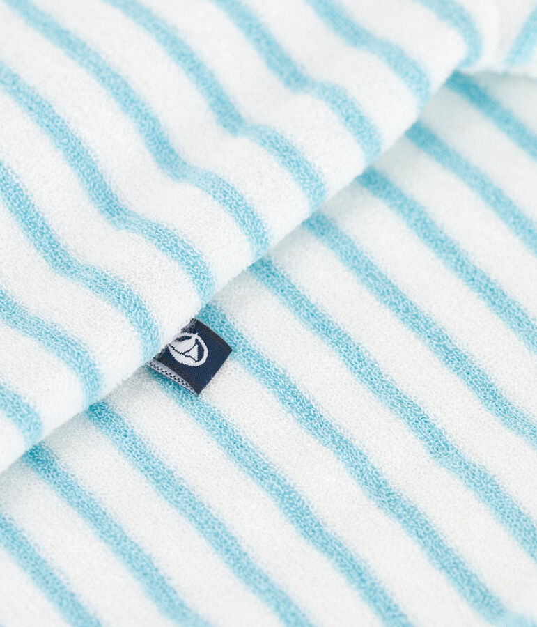 Babies' stripy cotton terry playsuit MARSHMALLOW blue/AQUATIC