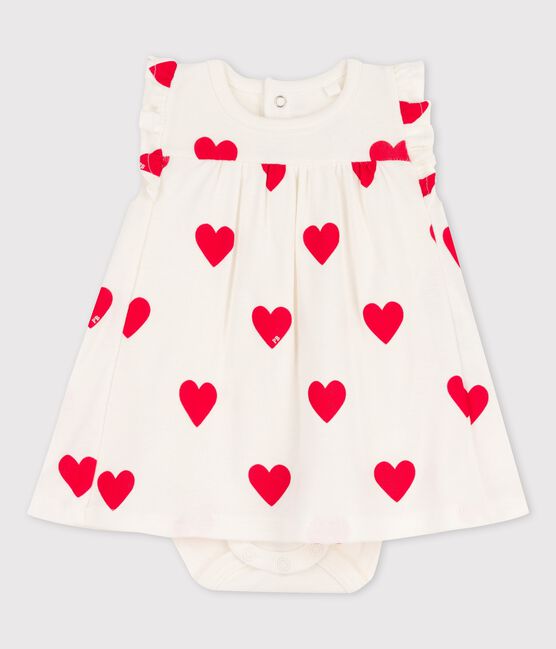 Babies' Organic Cotton Heart Print Dress With Bodysuit MARSHMALLOW white/TERKUIT red