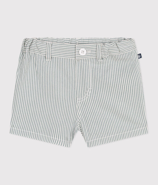 Babies' stripy seersucker shorts MARSHMALLOW white/BRUT blue