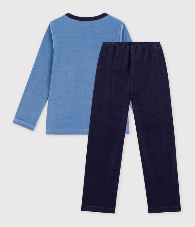 Children's plain velour pyjamas with a fun motif blue/blue