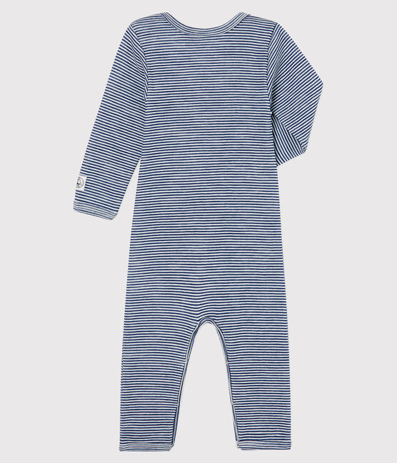 Babies' Striped Long Bodysuit in Cotton/Wool MEDIEVAL blue/MARSHMALLOW white
