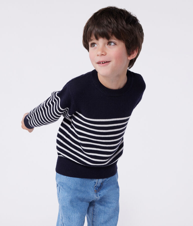 Children's stripy sailor jumper in wool and cotton blue/white