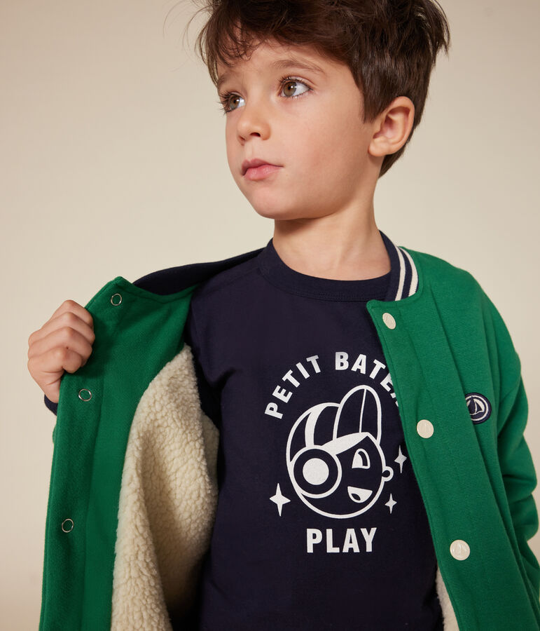 Boys' varsity jacket in fleece and sherpa green