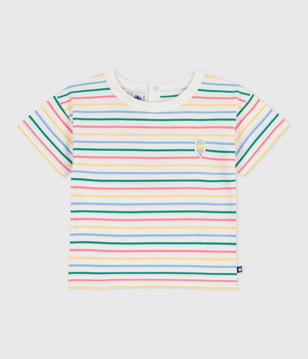 Babies' short-sleeved stripy cotton T-shirt white/multicolor