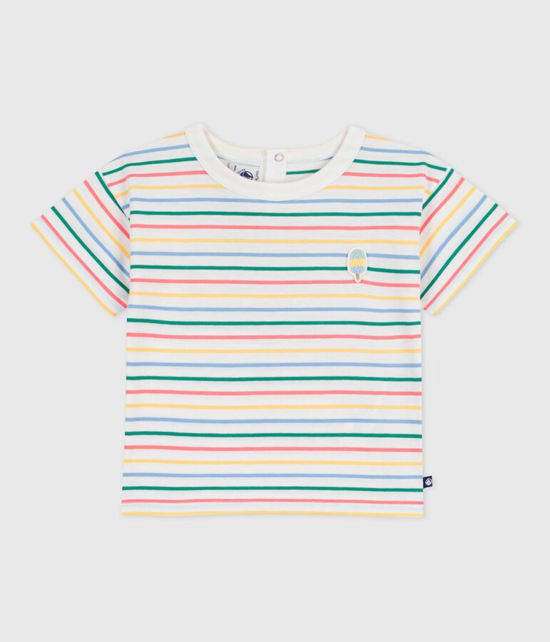 Babies' short-sleeved stripy cotton T-shirt white/multicolor