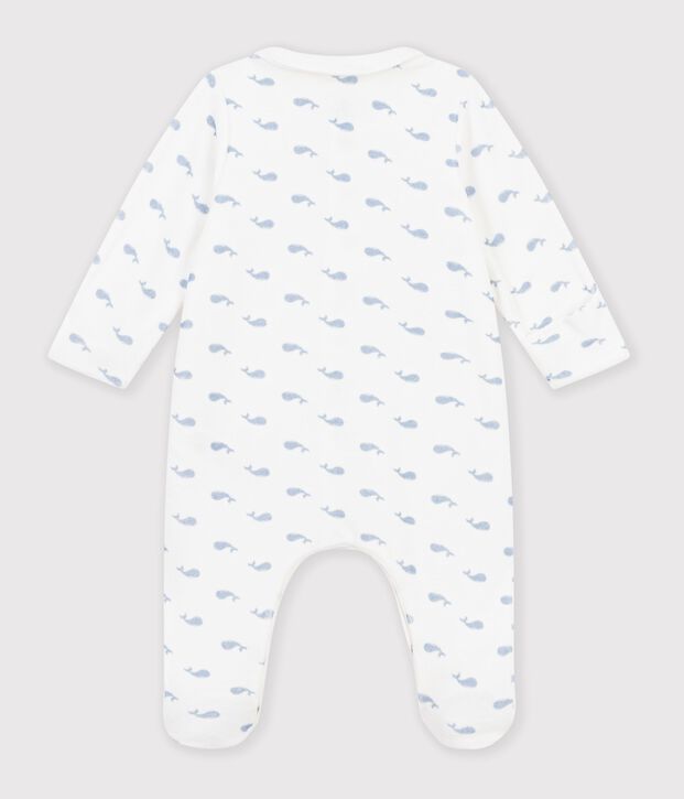 Babies' whale-print velour pyjama suit with a collar blue/blue
