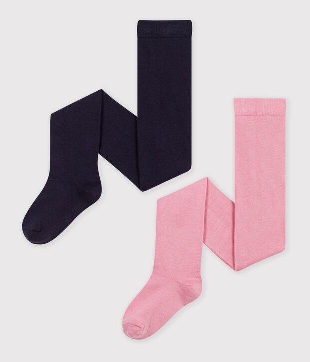 Pack of 2 children's plain cotton tights pink/blue