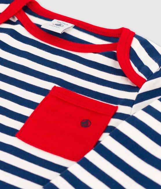 Babies' Striped Jersey Long-Sleeved T-Shirt MEDIEVAL blue/MARSHMALLOW white