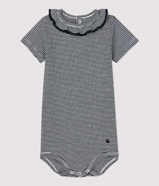 Babies' Organic Cotton Pinstriped Bodysuit With Ruffle Collar blue/white