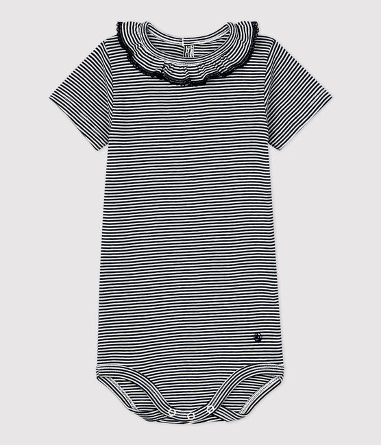 Babies' Organic Cotton Pinstriped Bodysuit With Ruffle Collar SMOKING blue/MARSHMALLOW white