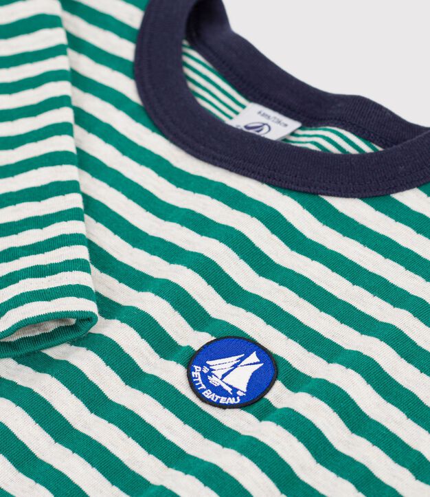 Children's long-sleeved stripy T-shirt green/beige/green