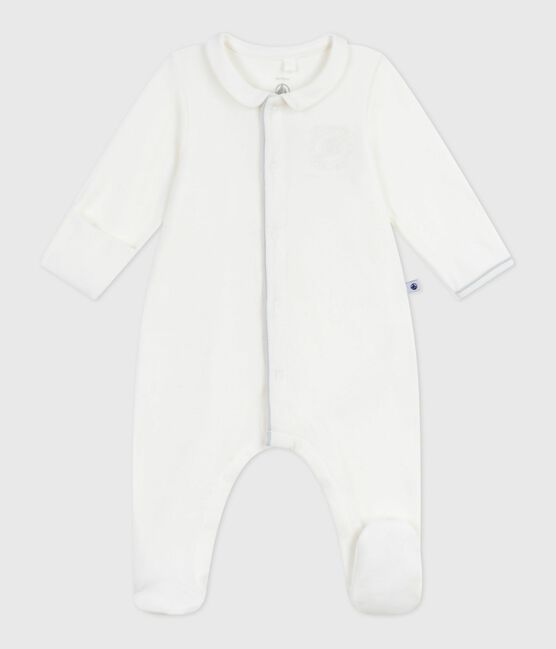 Babies' plain velour pyjama suit with a collar MARSHMALLOW white