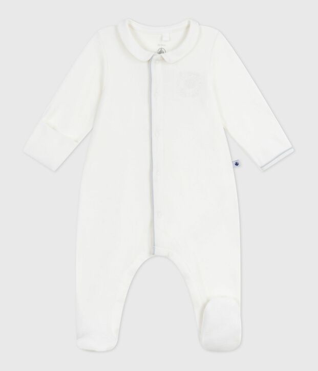 Babies' plain velour pyjama suit with a collar white