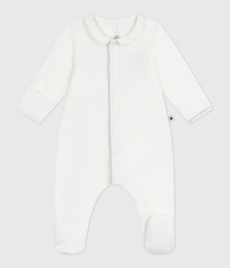 Babies' plain velour pyjama suit with a collar white