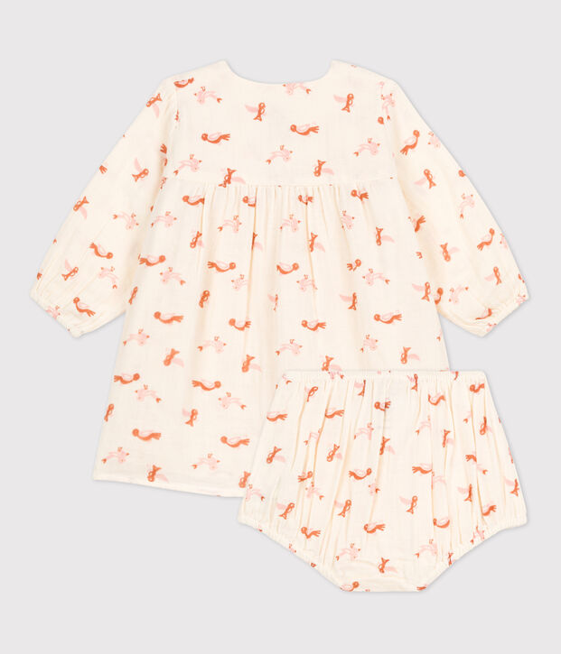 Babies' Bird Patterned Cotton Gauze Dress With Bloomers Ecru/multicolor