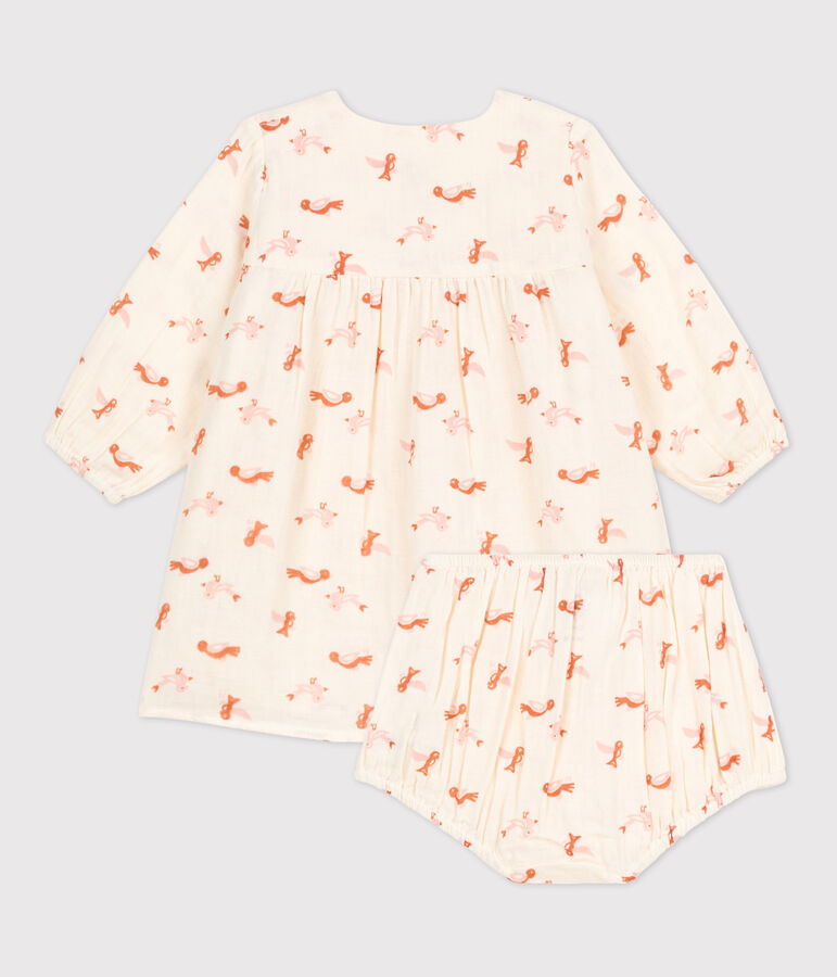 Babies' Bird Patterned Cotton Gauze Dress With Bloomers AVALANCHE white/MULTICO