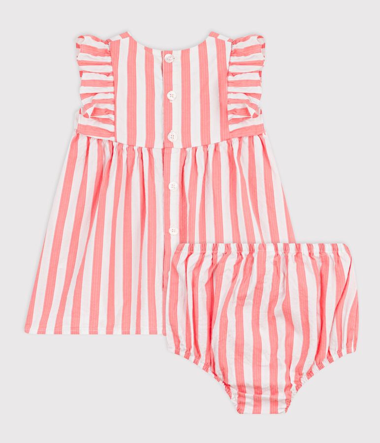 Babies' sleeveless cotton dress with stripy bloomers pink/white
