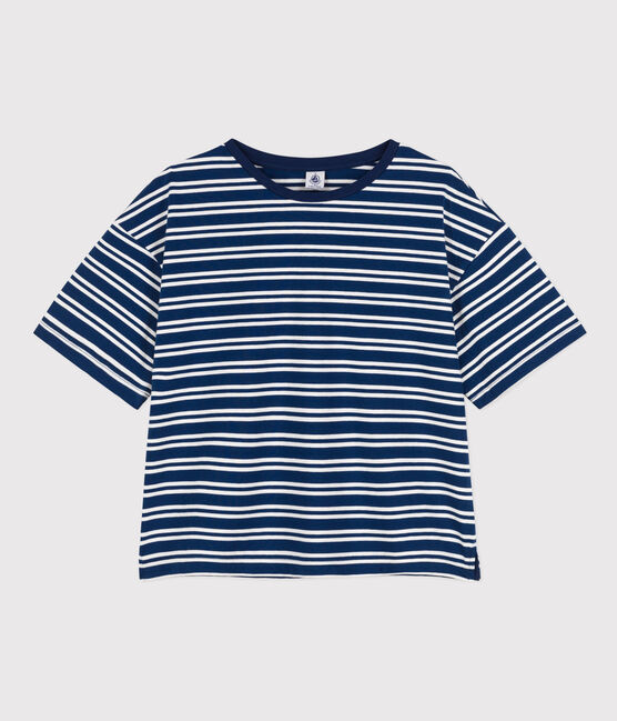 Women's Boxy Cotton T-Shirt MEDIEVAL blue/MARSHMALLOW white