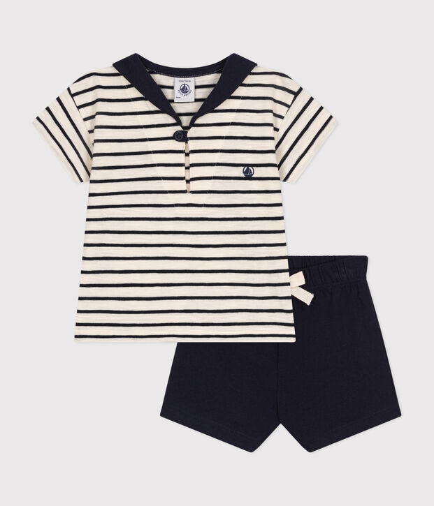 Babies' Jersey T-shirt and Shorts Set Ecru/blue