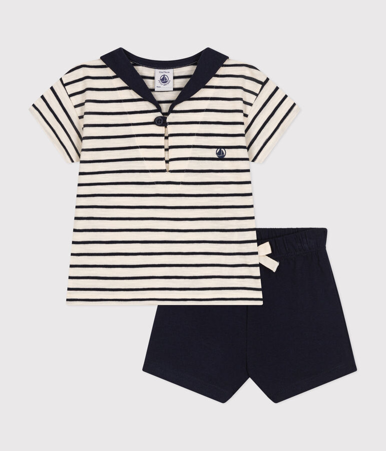 Babies' Jersey T-shirt and Shorts Set Ecru/blue