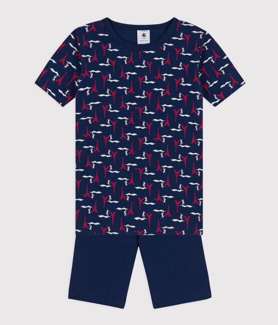 Children's unisex snug-fit cotton cropped pyjamas MEDIEVAL blue/MULTICO white