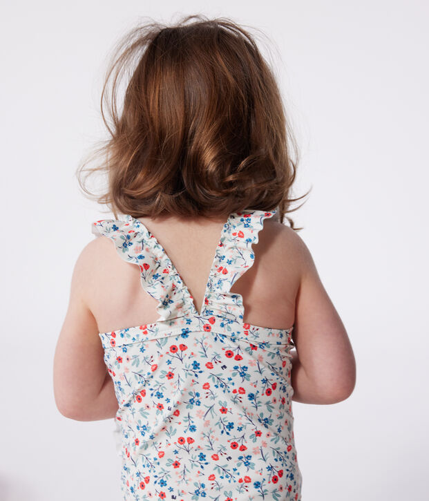 Babies' one-piece swimsuit with frills and a floral print. white/multicolor