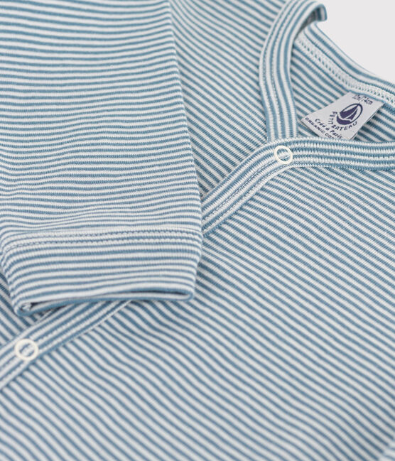 Babies' Footless Pinstriped Cotton Sleepsuit ROVER blue/MARSHMALLOW white