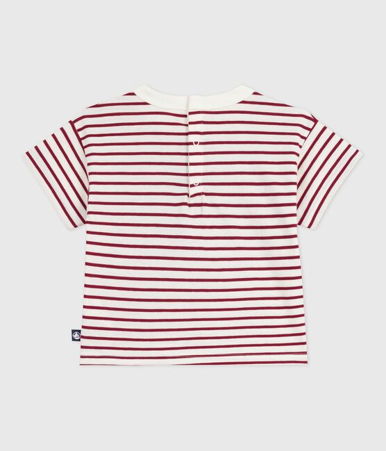 Babies' short-sleeved stripy cotton T-shirt MILK red/AMARANTE