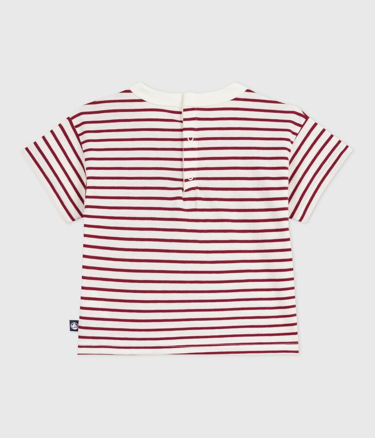 Babies' short-sleeved stripy cotton T-shirt Ecru/red