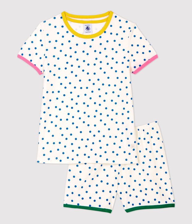Girls' Blue Spotted Cotton Short Pyjamas white/blue