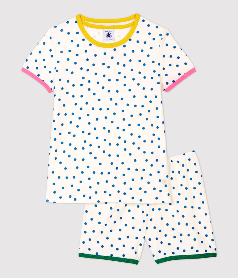 Girls' Blue Spotted Cotton Short Pyjamas white/blue