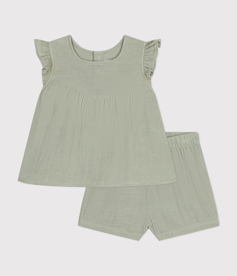 Babies' Cotton Gauze Blouse and Shorts Set green