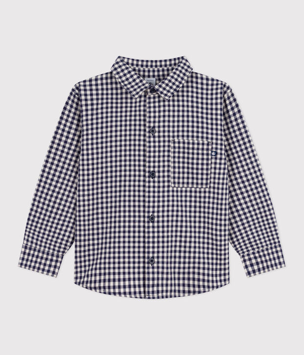 Boys' checked cotton shirt blue/ecru