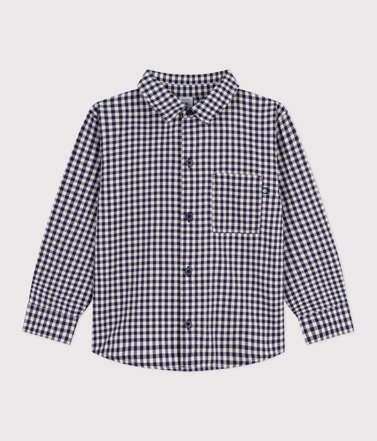 Boys' checked cotton shirt blue/ecru