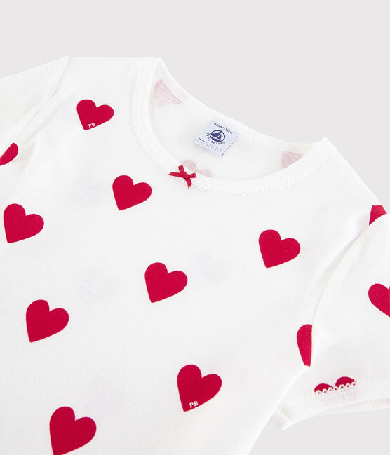 Girls' Heart Patterned Cotton Short Pyjamas MARSHMALLOW white/TERKUIT red