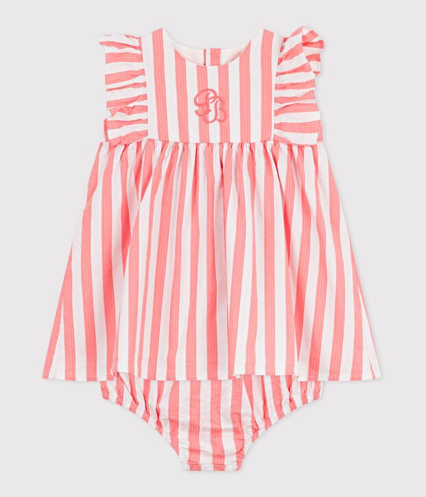 Babies' sleeveless cotton dress with stripy bloomers pink/white