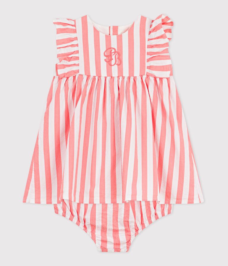 Babies' sleeveless cotton dress with stripy bloomers pink/white