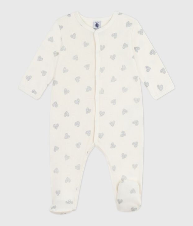 Baby pajamas in cotton with silver glitter hearts print Ecru/grey