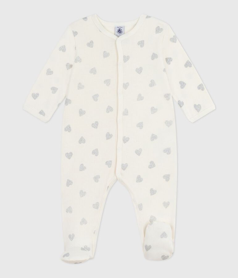 Baby pajamas in cotton with silver glitter hearts print MILK Ecru/ARGENT