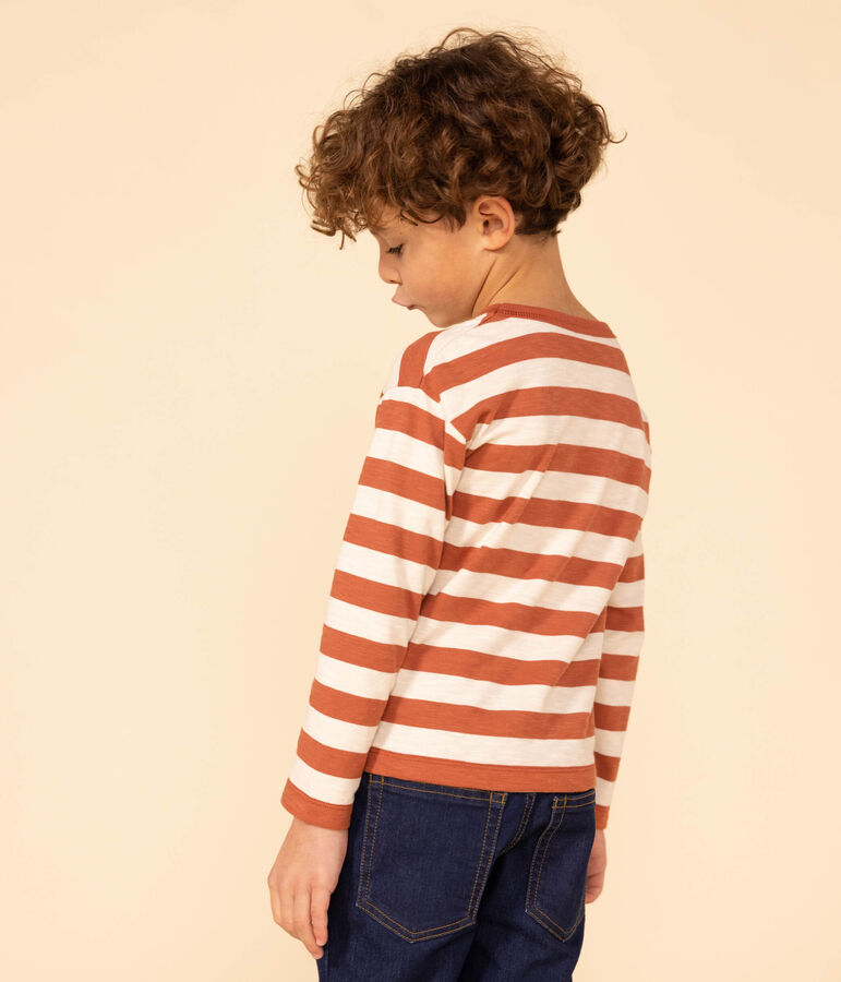 Boys' long-sleeved cotton T-shirt brown/ecru