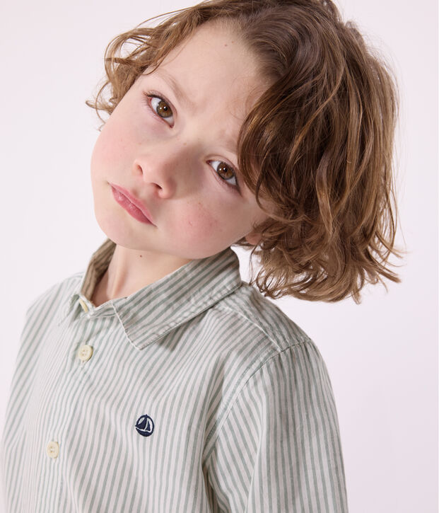 Children's long-sleeved stripy cotton shirt green/white