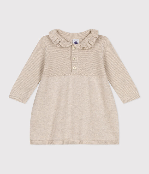 Babies' long-sleeved knitted cotton dress beige