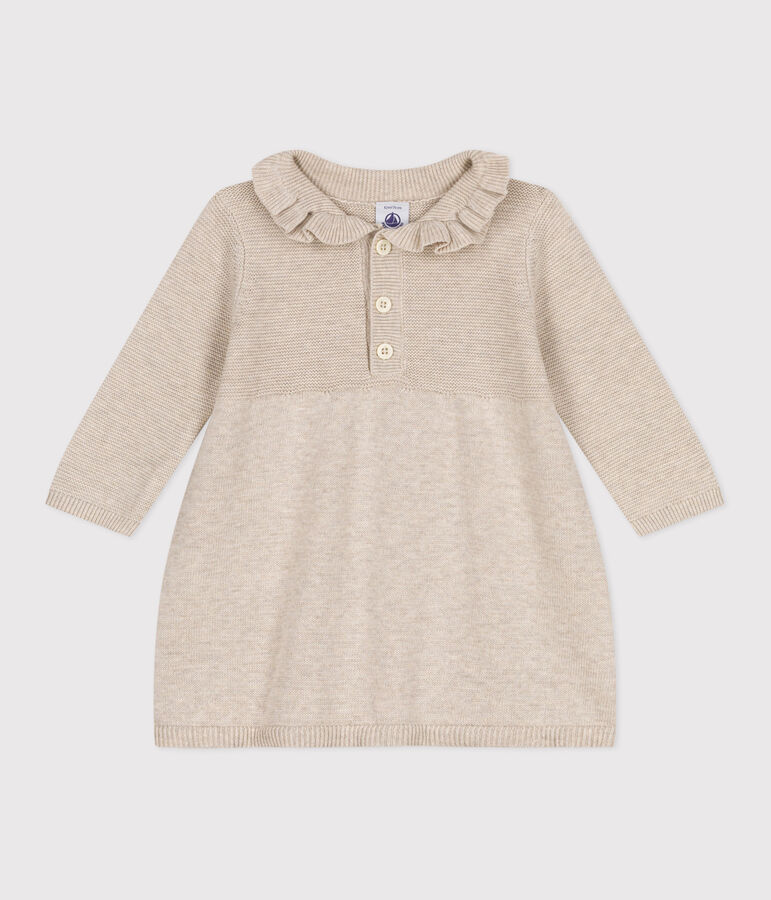 Babies' long-sleeved knitted cotton dress beige