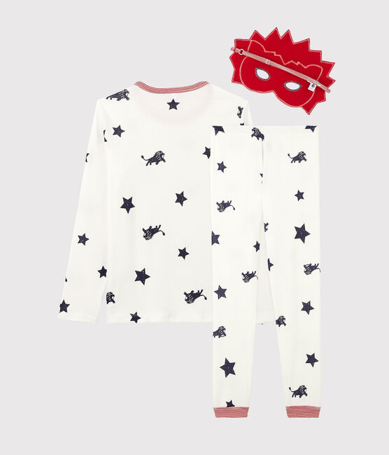 Children's Lion Motif Ribbed Pyjamas MARSHMALLOW white/MEDIEVAL blue