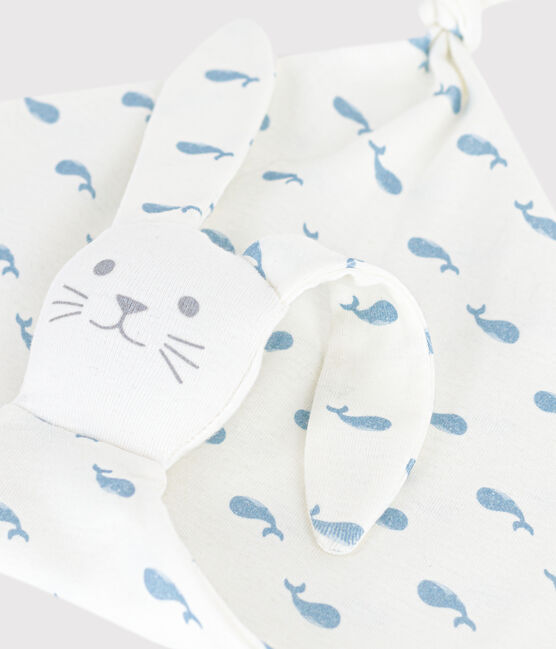 Babies' whale-print cotton comforter MARSHMALLOW /ADRIATIC