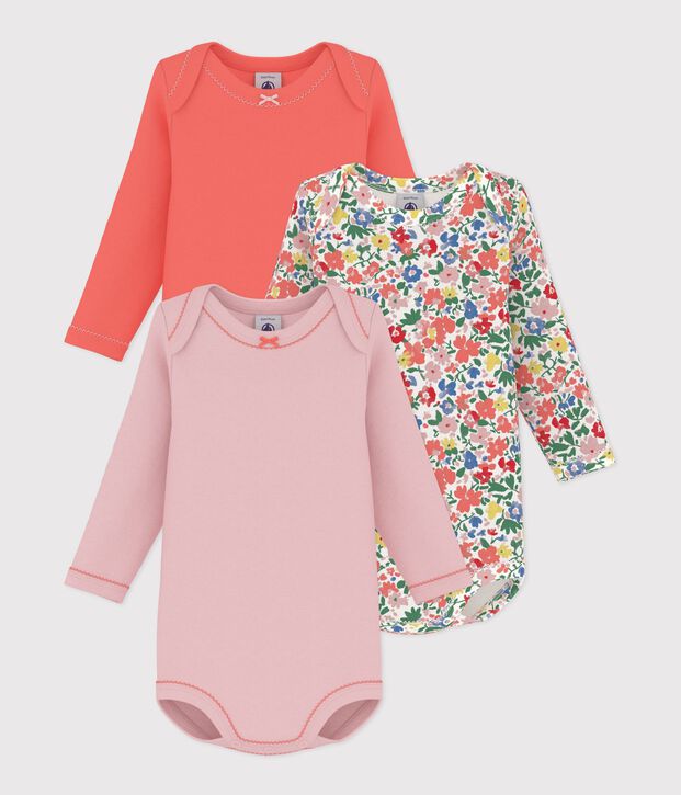 Pack of babies' long-sleeved bodies in cotton printed with flowers multicolor