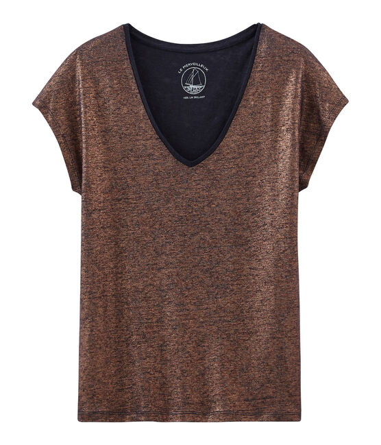 Women's iridescent linen short-sleeved t-shirt SMOKING blue/COPPER pink