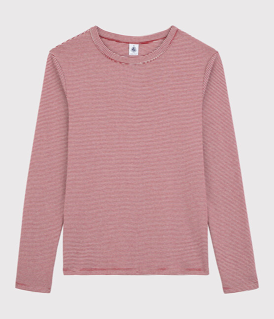Women's Iconic Round-Neck Striped Cotton T-Shirt SANGRIA red/MARSHMALLOW