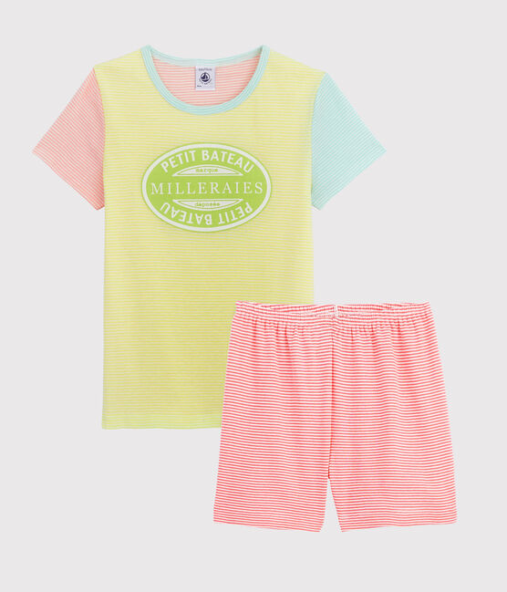 Girls' Ribbed Short Multicolour Striped Pyjamas SUNNY yellow/MULTICO white